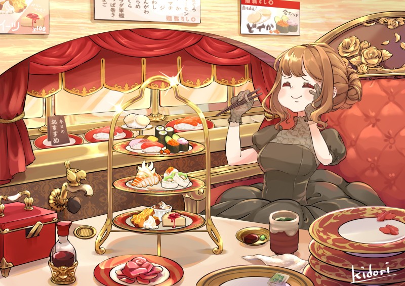 Anime Girls Eating, Black Dress, Sushi, Anime Girls Wallpaper