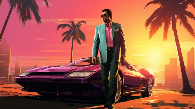 AI Art, Grand Theft Auto, 1980s, Palm Trees, Pink, Sunset Wallpaper