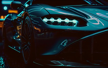 AI Art, Closeup, Sports Car, Neon Wallpaper