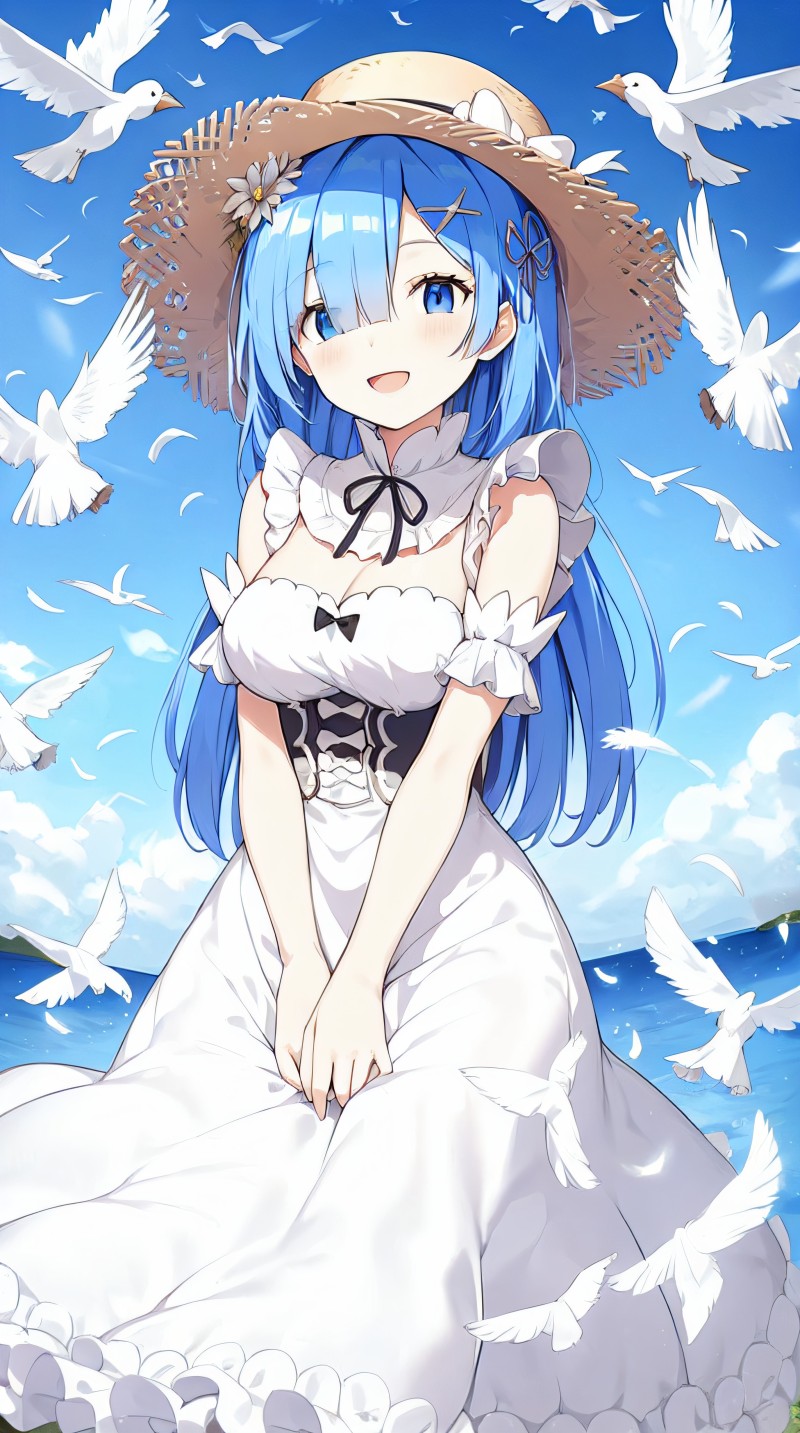 AI Art, Anime Girls, Long Hair, Blue Hair, Birds, Maid Outfit Wallpaper