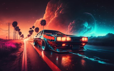 AI Art, Car, Synthwave, Road, Clouds, Colorful Wallpaper