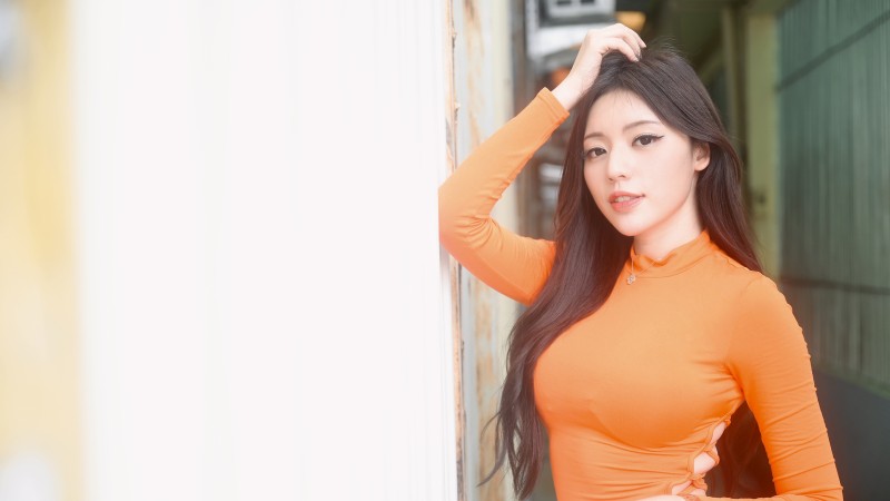 Kiki Hsieh, Asian, Women, Model, Orange Dress Wallpaper