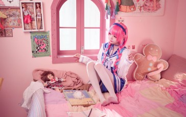 Minato Aqua, Pink Hair, White Stockings, Asian, Cosplay, Legs Wallpaper