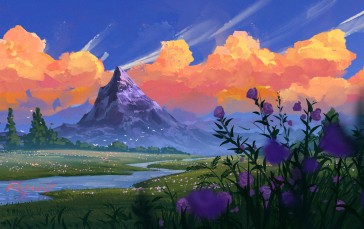 Artwork, Nature, Mountains, Flowers Wallpaper