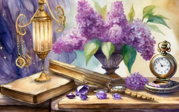 AI Art, Digital Art, Lilac, Plants, Candles, Books Wallpaper