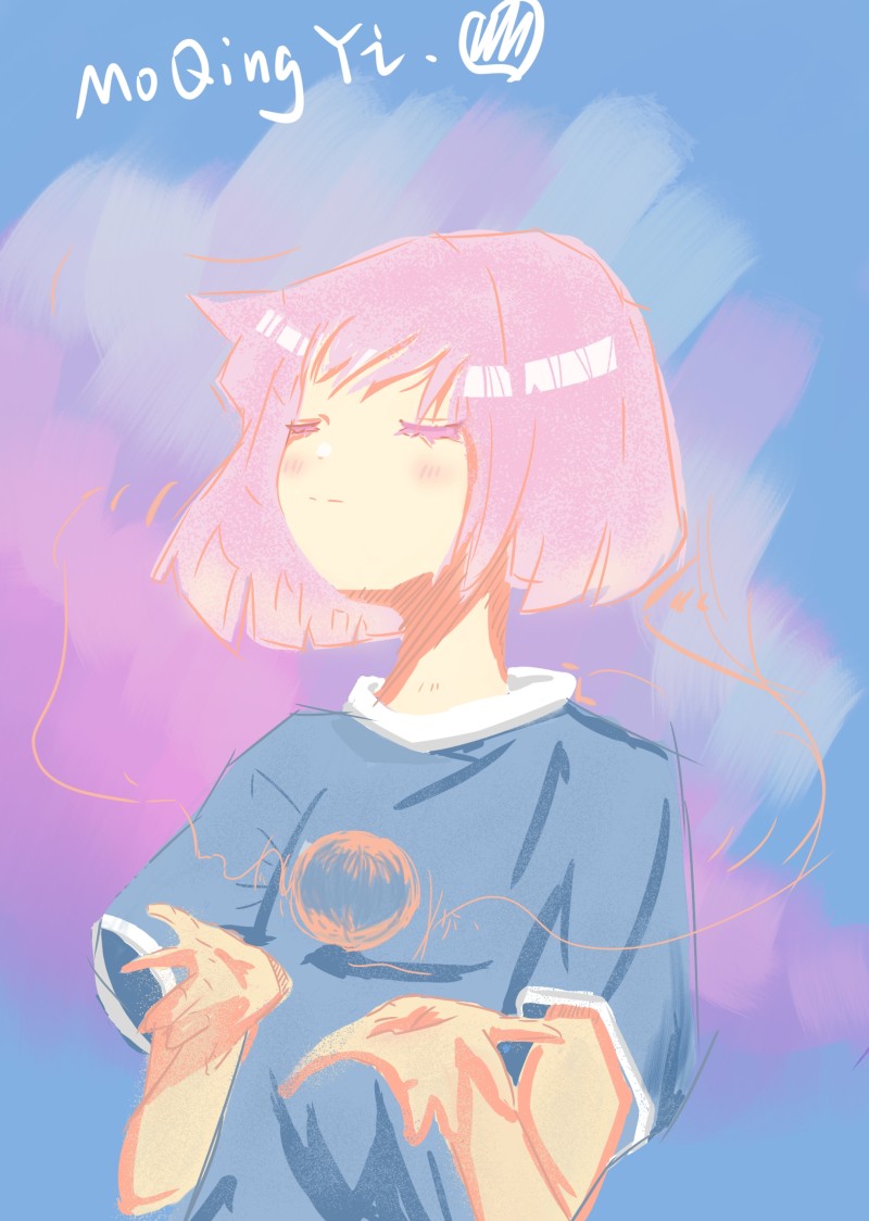 MoQingYi（artist）, Clouds, Purple Background, Pink Hair, Blue Shirt Wallpaper