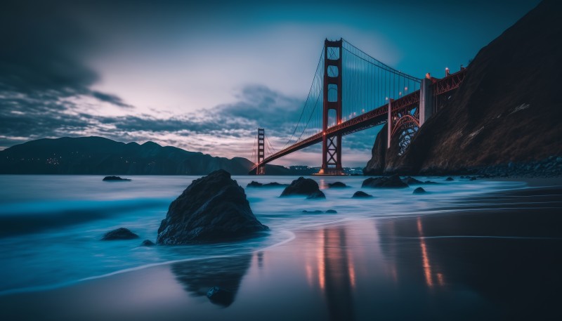 AI Art, Golden Gate Bridge, Blue Hour, Bridge, Water, Rocks Wallpaper