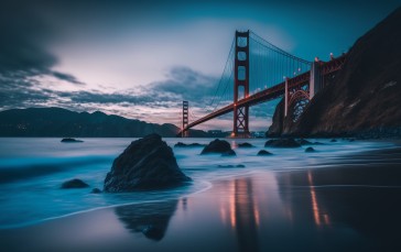 AI Art, Golden Gate Bridge, Blue Hour, Bridge, Water, Rocks Wallpaper