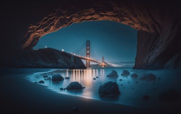 AI Art, Golden Gate Bridge, Cave, Blue Hour Wallpaper