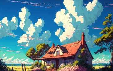 Uomi, AI Art, Artwork, Sky, House, Clouds Wallpaper