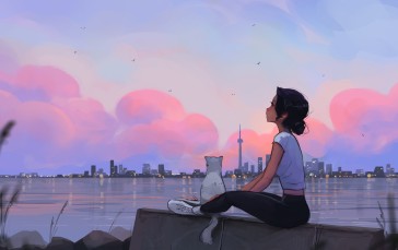 Sam Yang, Toronto, Artwork, Clouds, Cats, Girl Sitting on Ground Wallpaper