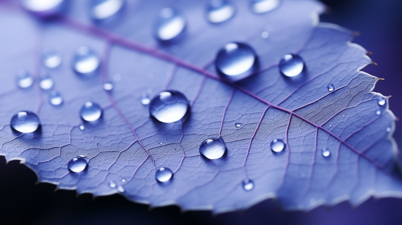 AI Art, Leaves, Blue, Water Drops, Closeup Wallpaper