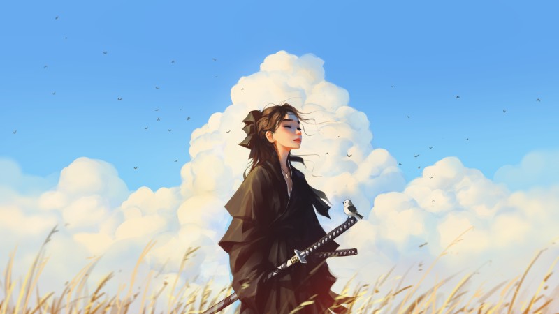 Sam Yang, Samurai, Woman with Sword, Clouds Wallpaper