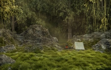 CGI, Forest, Grass, Tent Wallpaper