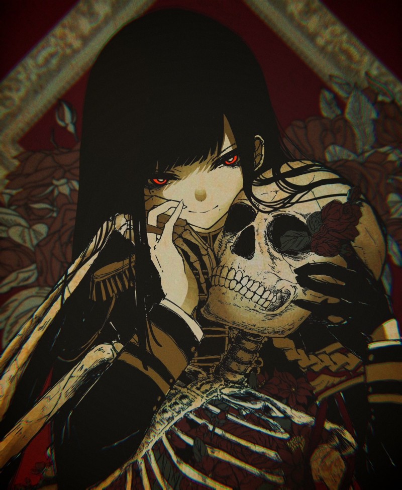 Skull, Red Eyes, Black Hair, Rose Wallpaper