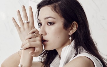 Model, Dark Lipstick, Asian, Brown Eyes, Hand on Face, White Clothing Wallpaper