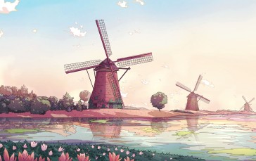 Windmill, Flowers, Water, Sky, Trees, Reflection Wallpaper