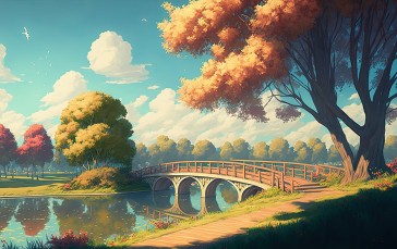 Clouds, Trees, Bridge, Grass Wallpaper
