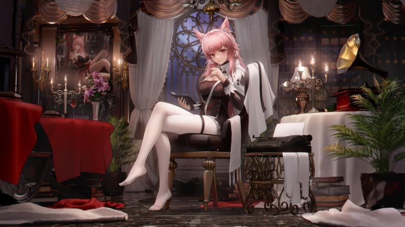 Anime, White Stockings, Pink Hair, Animal Ears Wallpaper