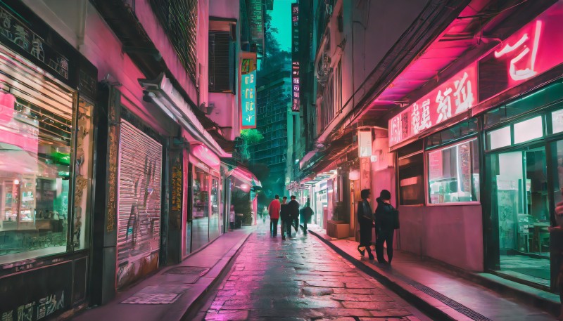AI Art, Neon, Hong Kong, Night, Alleyway Wallpaper