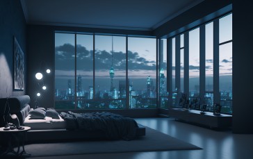Interior, Blue Hour, AI Art Wallpaper