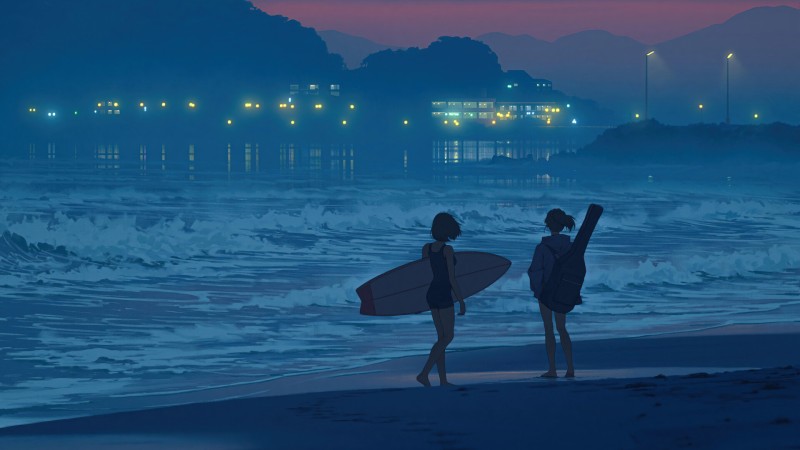 Two Women, Beach, Evening, Anime Girls Wallpaper