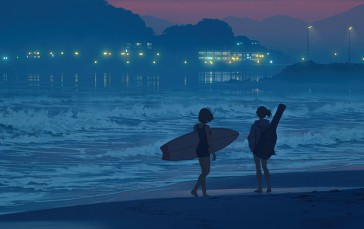 Two Women, Beach, Evening, Anime Girls Wallpaper