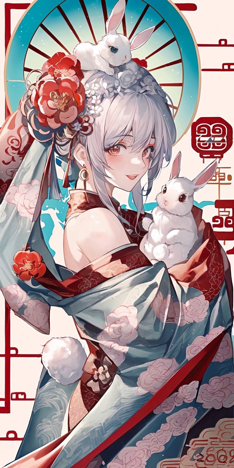 Anime, Anime Girls, Portrait Display, Flower in Hair, Rabbits Wallpaper