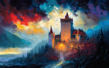 AI Art, Oil Painting, Castle, Clouds Wallpaper