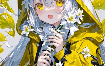 Anime Girls, White Hair, Flowers, Yellow Raincoat, Yellow Eyes, Raincoat Wallpaper