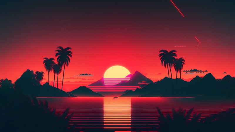 AI Art, 8-bit, Sunset, Palm Trees, Mountains Wallpaper