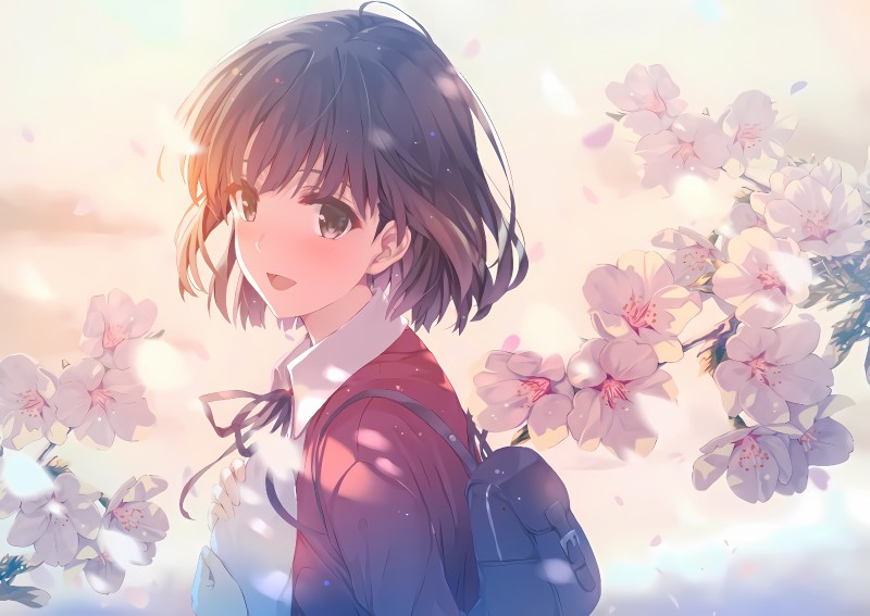 Anime Girls, Short Hair, Cherry Blossom, Backpacks Wallpaper