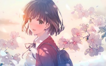 Anime Girls, Short Hair, Cherry Blossom, Backpacks Wallpaper