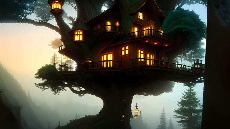 Stable Diffusion, 4K, AI Art, Tree House, Lights Wallpaper