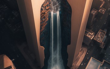 AI Art, Portrait Display, Illustration, Skyscraper, Waterfall Wallpaper