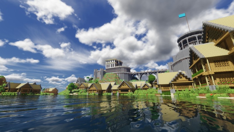 Minecraft, Building, Video Games, CGI, Water, Clouds Wallpaper