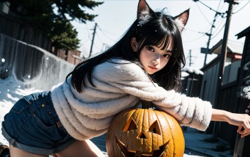 AI Art, Women, Halloween, Cat Ears, Asian, Snow Wallpaper