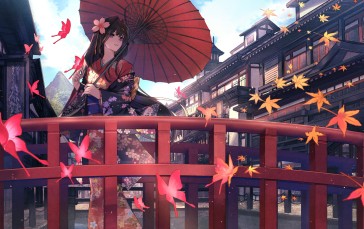 Women Outdoors, Umbrella, Long Hair, Dark Hair, Kimono Wallpaper