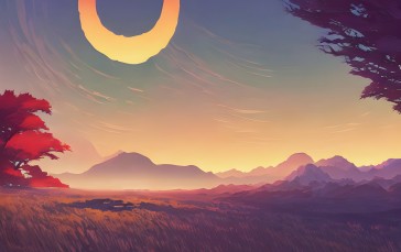 Sunset, Poster, Sun, Mountains Wallpaper