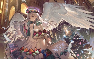 Anime, Anime Girls, White Hair, Christmas Tree, Feathers Wallpaper