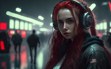 AI Art, Women, Cyberpunk, Headphones, Redhead Wallpaper
