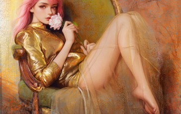 Women, Pink Hair, Gold, Barefoot Wallpaper