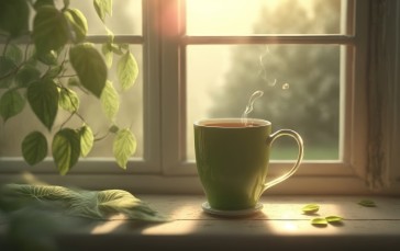AI Art, Illustration, Tea, Window Sill, Leaves Wallpaper