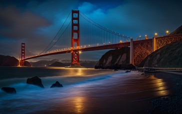 AI Art, Golden Gate Bridge, Beach, Blue Hour Wallpaper