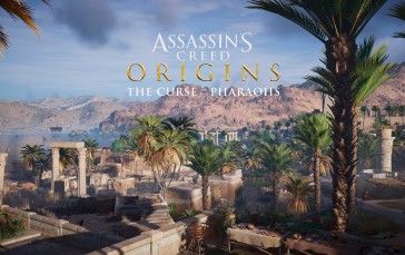 Assassin Creed Origins, Title, Assassin’s Creed, Clouds, Water, Palm Trees Wallpaper