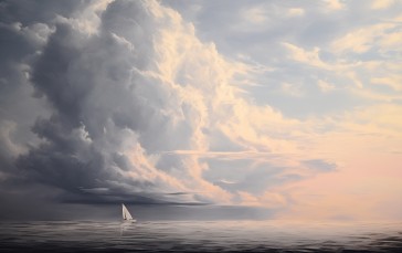 Sailboats, Clouds, Ocean View, Digital Art, AI Art Wallpaper