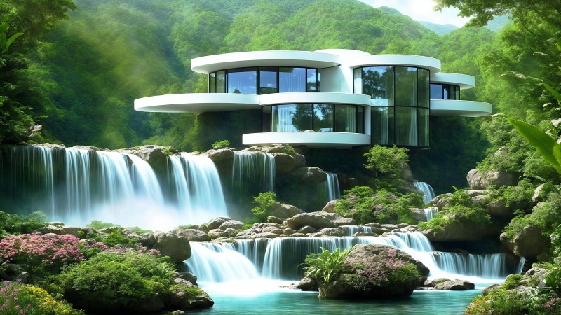 Modern, House, Nature, AI Art, Waterfall Wallpaper