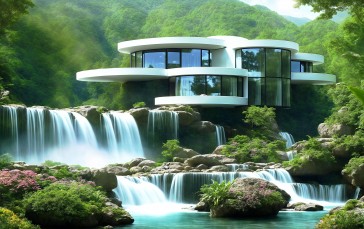 Modern, House, Nature, AI Art, Waterfall Wallpaper