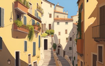 AI Art, Illustration, City, Architecture, Stairs Wallpaper