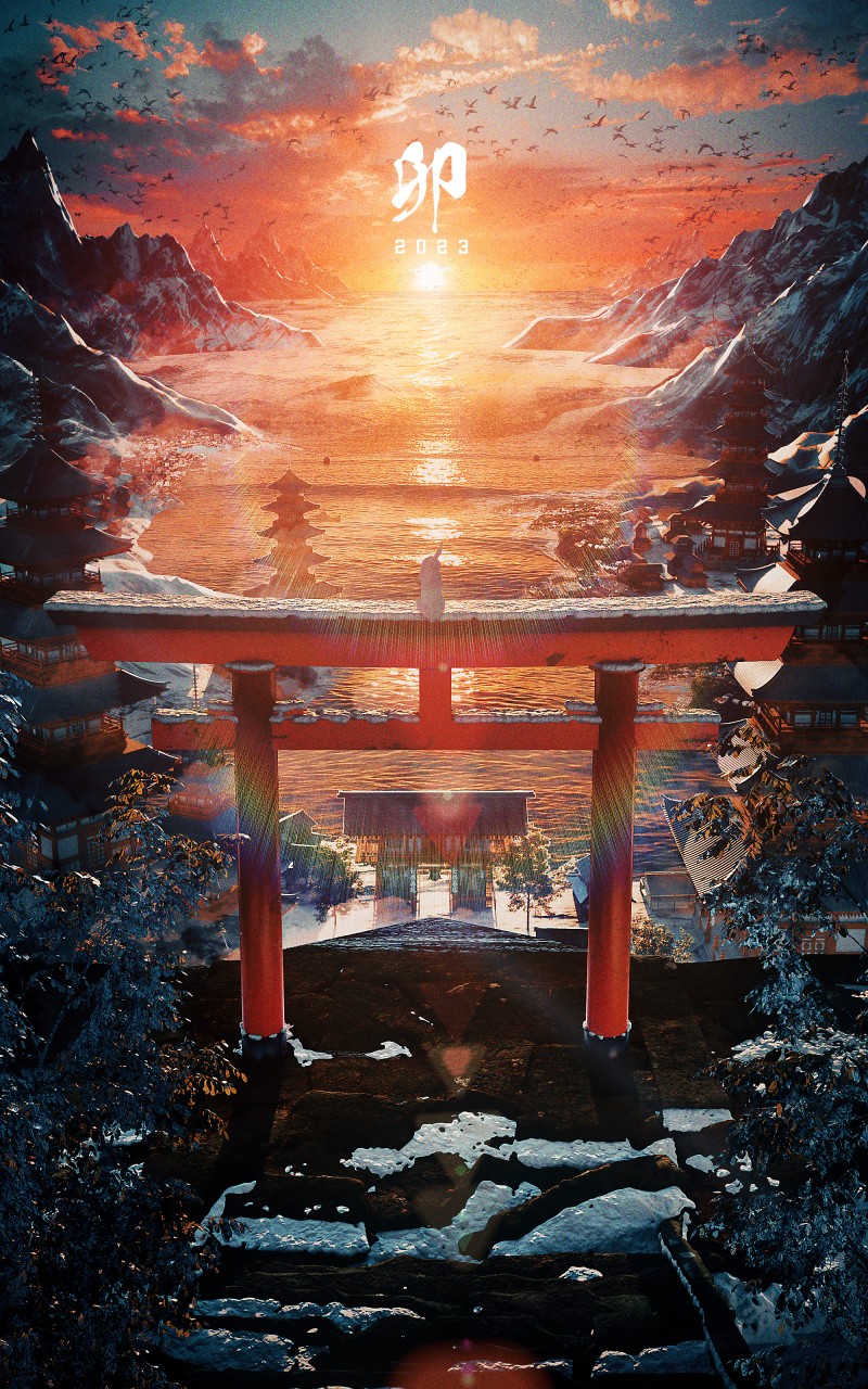 Sunrise, Japan, Torii, Snow, Portrait Display Wallpaper